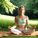 **A serene individual meditating outdoors in a German park.** Focus on conveying mindfulness and stress reduction. Capture the peaceful atmosphere of nature helping with mental well-being. Think calming colors and soft lighting.