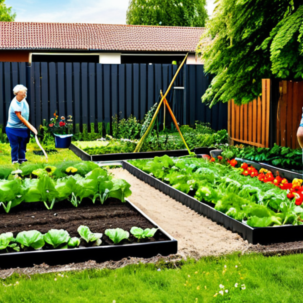 긍정심리학 기반의 사회적 혁신 - Community Garden**
"A vibrant community garden scene in a German neighborhood, featuring diverse pe...
