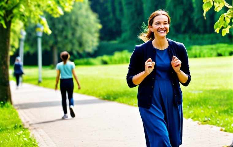 긍정심리학과 긍정적 사고 방식 - Peaceful Park Walk**

"A woman in a fully clothed, modest outfit, walking through a sunny park, surr...