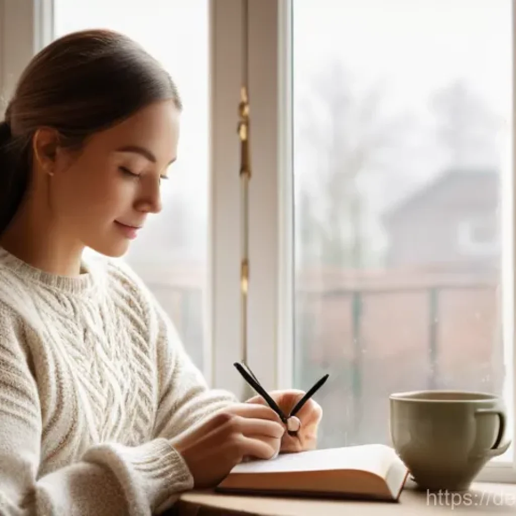 긍정심리학의 적용을 통한 삶의 질 향상 - **Gratitude and Daily Well-being:** A serene, cozy indoor scene. An adult woman, around 30 years old...