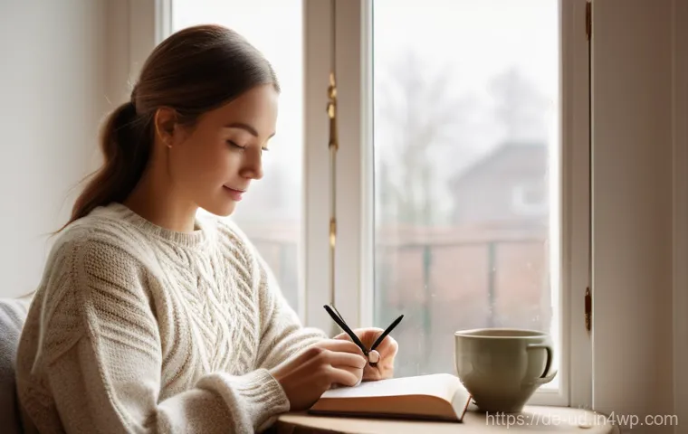 긍정심리학의 적용을 통한 삶의 질 향상 - **Gratitude and Daily Well-being:** A serene, cozy indoor scene. An adult woman, around 30 years old...