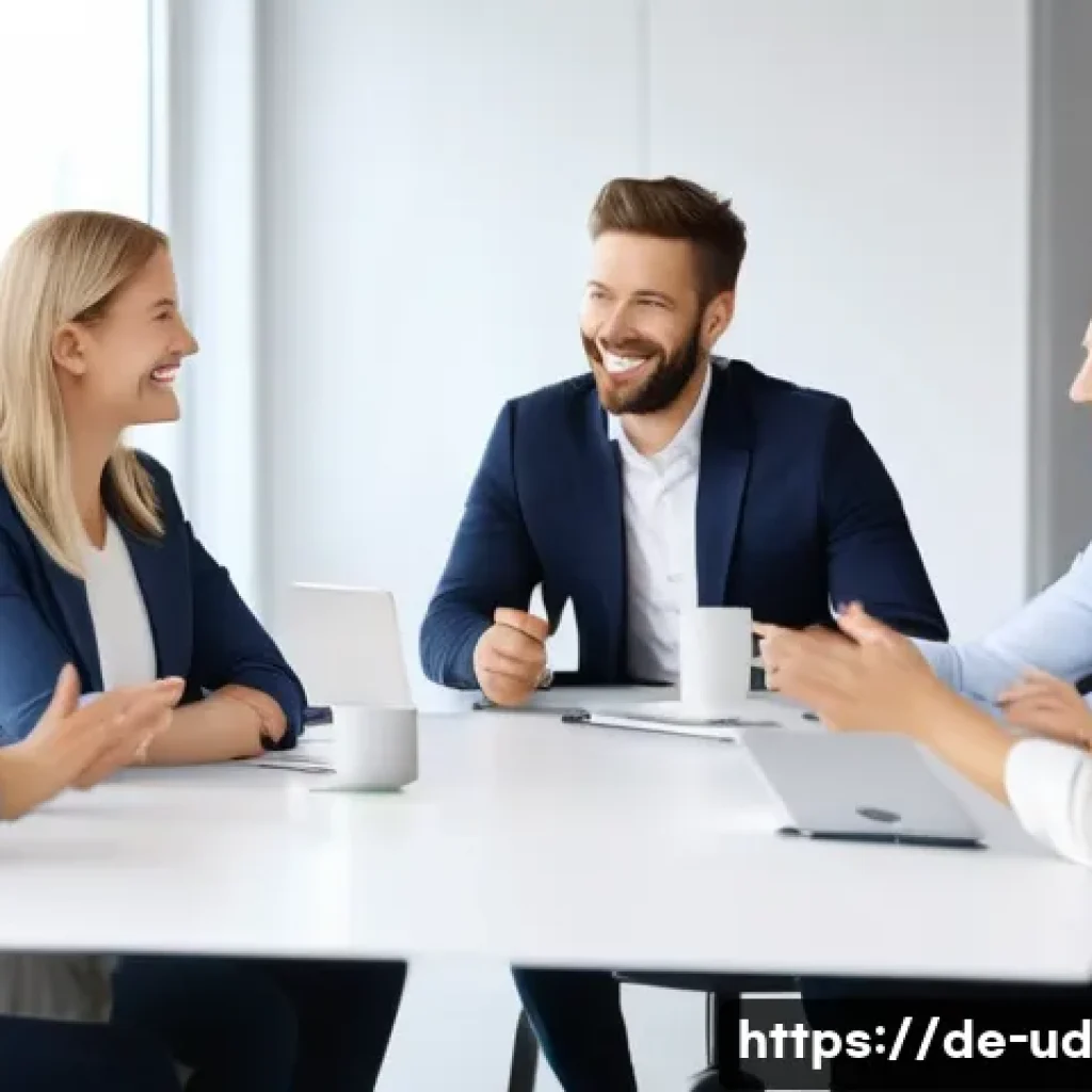 긍정심리학의 기법을 통한 직장 내 협력 증진 - A modern German office environment showing a diverse team of professionals in a bright meeting room ...
