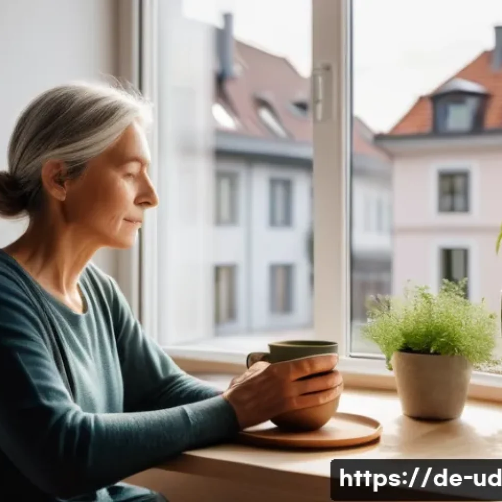 긍정심리학의 원리를 통한 개인 성장 - A serene morning scene in a modern German apartment, featuring a middle-aged woman practicing mindfu...