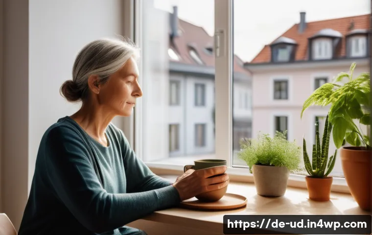 긍정심리학의 원리를 통한 개인 성장 - A serene morning scene in a modern German apartment, featuring a middle-aged woman practicing mindfu...