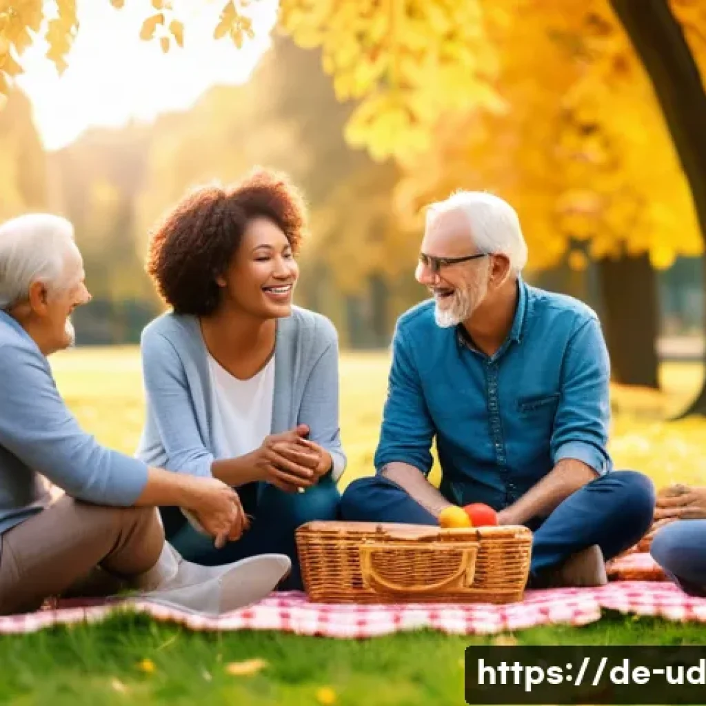 긍정심리학의 연구 동향 - A serene outdoor scene during golden hour in a German park, featuring a diverse group of adults and ...