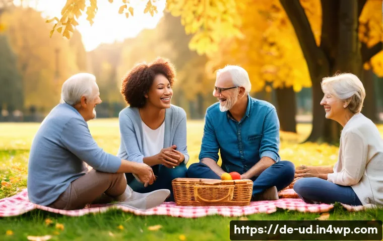 긍정심리학의 연구 동향 - A serene outdoor scene during golden hour in a German park, featuring a diverse group of adults and ...