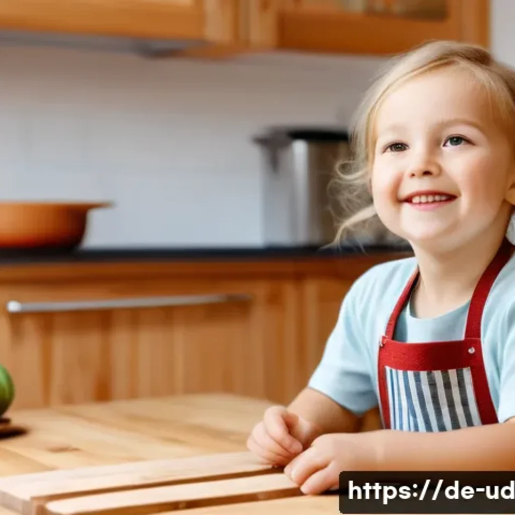 긍정심리학의 이론을 활용한 자녀 교육 - A warm, cozy German family scene in a modern kitchen where a young child, wearing casual clothes and...