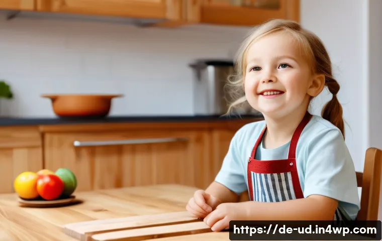 긍정심리학의 이론을 활용한 자녀 교육 - A warm, cozy German family scene in a modern kitchen where a young child, wearing casual clothes and...