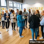 긍정심리학을 활용한 사회적 문제 해결 - A diverse group of adults in a vibrant urban community center in Germany, engaged in a collaborative...