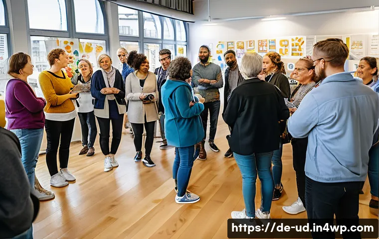 긍정심리학을 활용한 사회적 문제 해결 - A diverse group of adults in a vibrant urban community center in Germany, engaged in a collaborative...