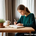 긍정심리학의 실천적 예시 - A serene morning scene in a modern German apartment featuring a young adult woman sitting peacefully...