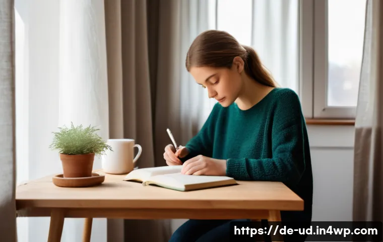 긍정심리학의 실천적 예시 - A serene morning scene in a modern German apartment featuring a young adult woman sitting peacefully...