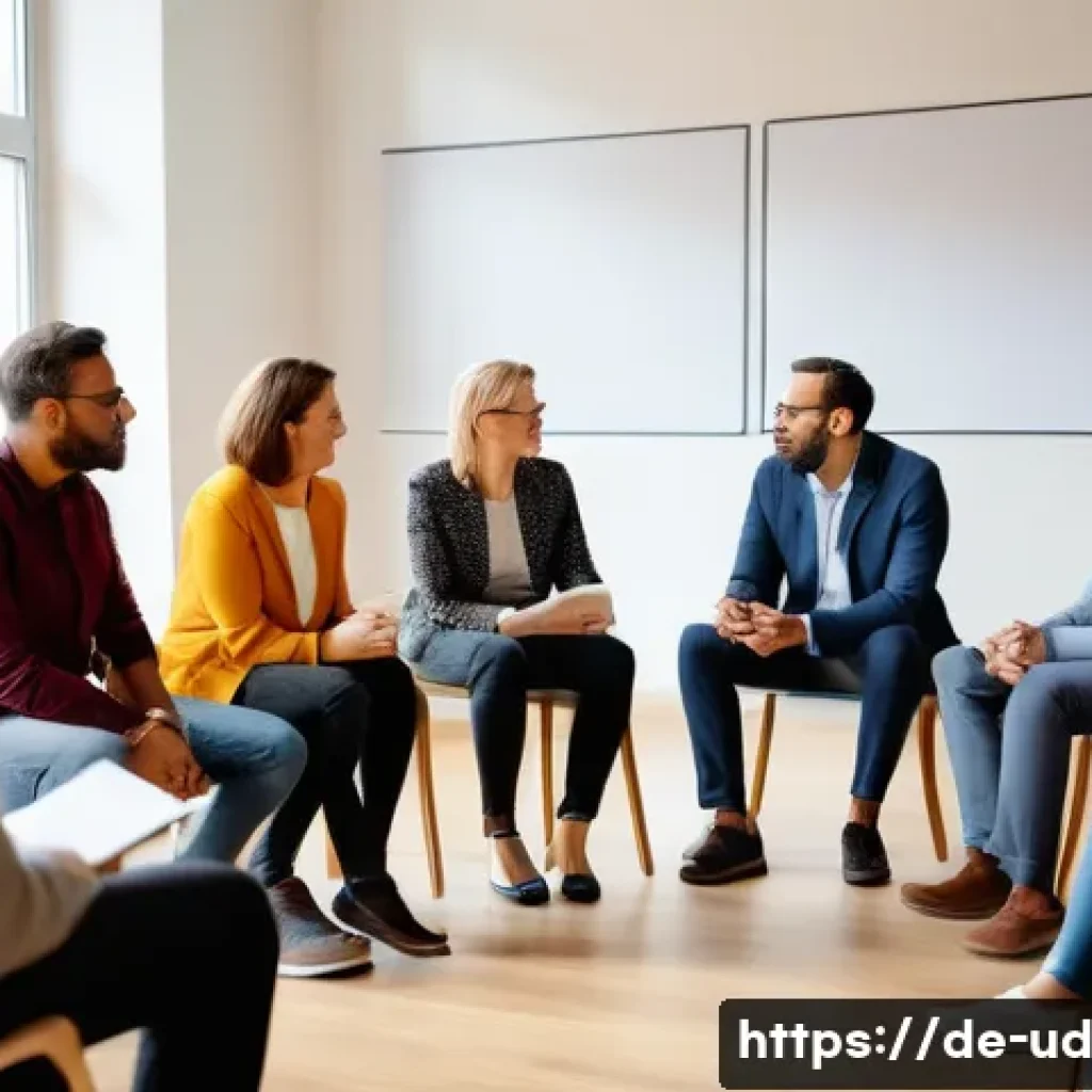긍정심리학과 공동체 발전 - A diverse group of adults in casual business attire engaged in an active listening workshop in a mod...