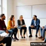 긍정심리학과 공동체 발전 - A diverse group of adults in casual business attire engaged in an active listening workshop in a mod...