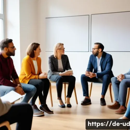 긍정심리학과 공동체 발전 - A diverse group of adults in casual business attire engaged in an active listening workshop in a mod...