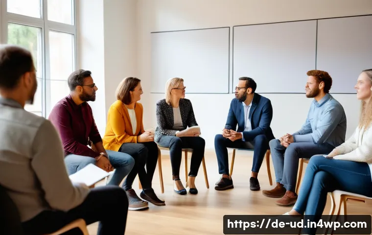 긍정심리학과 공동체 발전 - A diverse group of adults in casual business attire engaged in an active listening workshop in a mod...