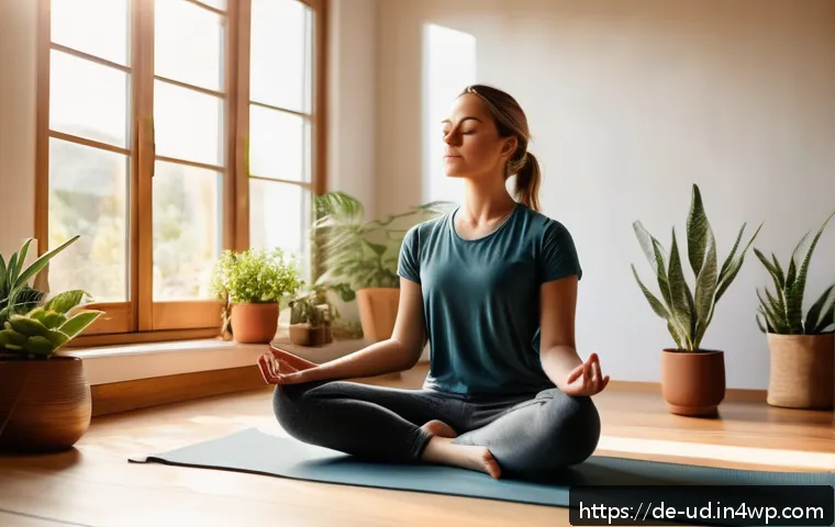 긍정심리학의 인지적 기초 - A serene indoor scene showing a young adult practicing mindfulness meditation in a cozy, sunlit room...