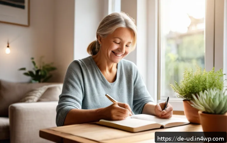 긍정심리학의 원리를 통한 미래 설계 - A cozy, sunlit living room scene featuring a middle-aged German woman sitting at a wooden table jour...