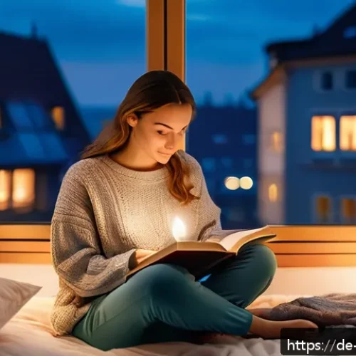 긍정심리학의 기법을 통한 진정한 행복 찾기 - A cozy evening scene showing a young adult woman sitting comfortably in a modern, softly lit bedroom...