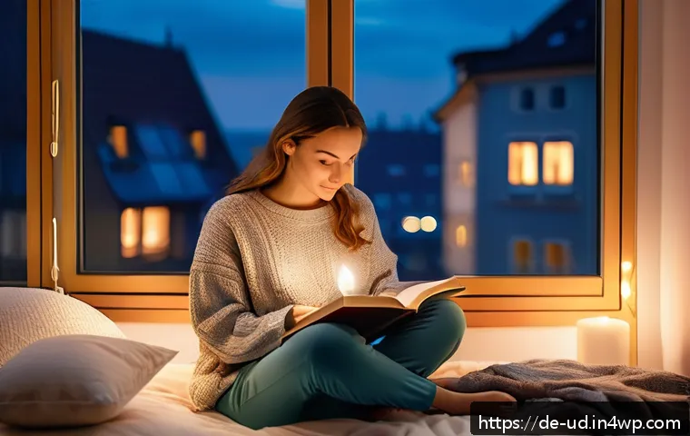 긍정심리학의 기법을 통한 진정한 행복 찾기 - A cozy evening scene showing a young adult woman sitting comfortably in a modern, softly lit bedroom...