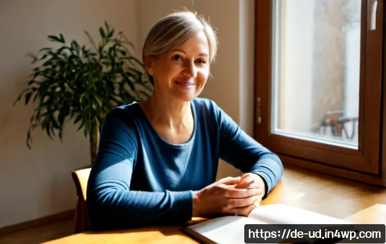 긍정심리학을 통한 삶의 의미 찾기 - Photorealistic uplifting lifestyle scene in a peaceful German apartment, a thoughtful middle-aged wo...